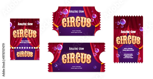 Vintage circus ticket borders with yellow letters and open red curtain background, cartoon vector set isolated on white. Retro carnival invitation design for shows, festivals or events