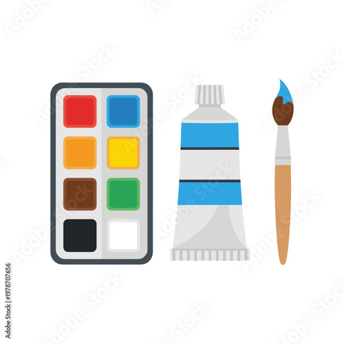 Paint supplies for artistic projects featuring watercolor palette, paint tube, and paintbrush with blue paint, creative tools for artists and hobbyists, isolated on white background.