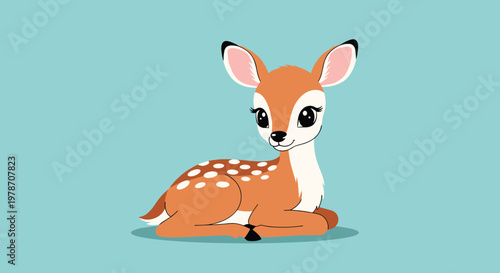 Gentle little fawn deer with spots sitting peacefully against a light blue background in a sweet cartoon style.