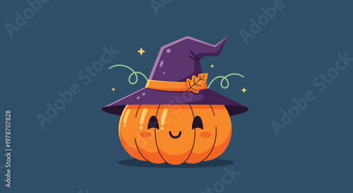 Adorable smiling pumpkin character wearing a purple witch hat with a leaf and twinkling stars for Halloween night.