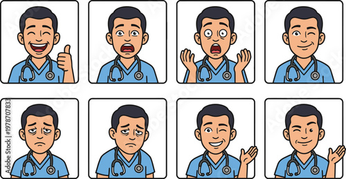 Cartoon healthcare worker shows various expressive faces and emotions in office