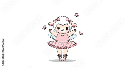 Sweet little lamb dressed as a ballerina with a pink tutu, wings, and butterflies fluttering around on a white background.