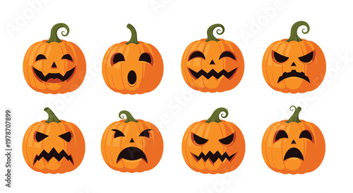 Collection of eight orange halloween pumpkins with different carved facial expressions ranging from happy to scary and angry.