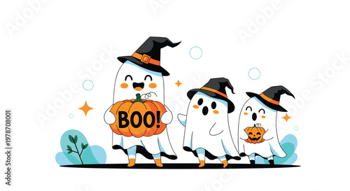 Trio of happy little ghosts wearing witch hats holding pumpkins and saying boo in a cute festive halloween scene.