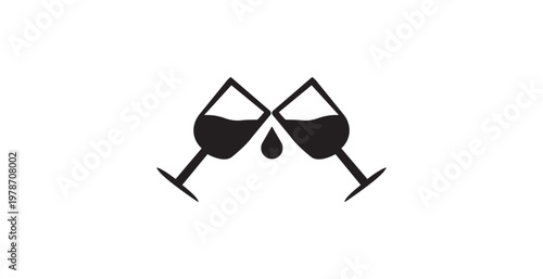 A minimalist logo of two wine glasses clinking together in black