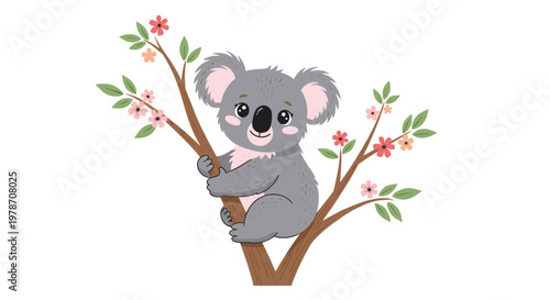 Happy grey koala bear character clinging to a tree branch with delicate pink flowers and green leaves on white.
