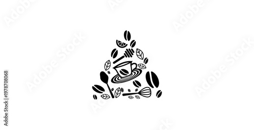 A stylized illustration of a coffee cup surrounded by leaves and coffee beans