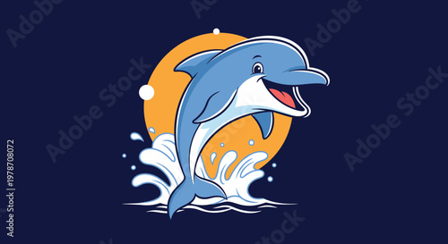 Cheerful blue dolphin jumping out of splashing ocean waves against a bright orange sunset circle on a dark background.