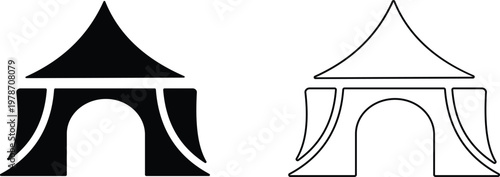 Event tent canopy pavilion icon set collection group in black red flat and line style vector illustration, camping shelter marquee gazebo awning symbol pack minimal outline design bundle