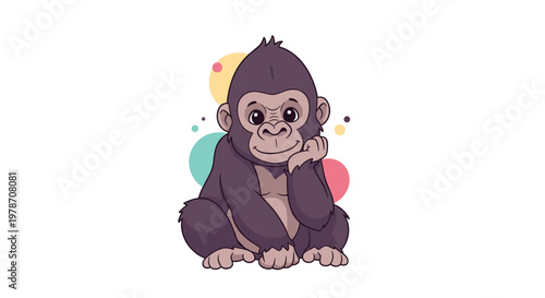 Adorable baby gorilla character sitting with a thoughtful expression and colorful bubbles floating in the background.
