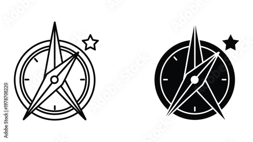 Contrasting designs of a classic nautical compass with a star symbol beside each.