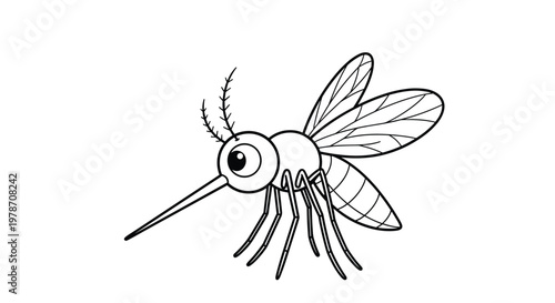 Simple cartoon outline of a mosquito insect with large eyes and wings shown in profile for nature-themed coloring book pages.