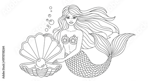 Beautiful mermaid holding an open seashell containing a large pearl underwater surrounded by bubbles in a detailed line art.