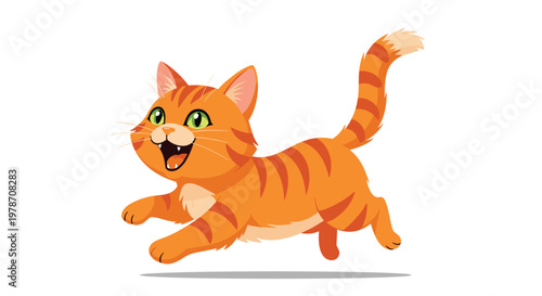 Energetic orange tabby cat running joyfully with its mouth open and green eyes wide in a vibrant cartoon vector illustration.