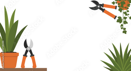 This minimalist vector illustration features various green potted plants and orange-handled gardening shears arranged against a clean white backdrop.