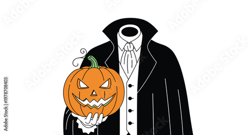 Spooky illustration of the headless horseman dressed in a black suit and cape holding a carved orange jack-o-lantern.