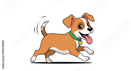 Joyful cartoon puppy with a green collar running and wagging its tail with its tongue out in a playful vector drawing.