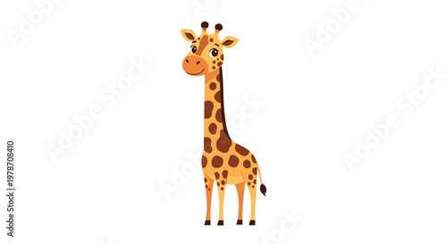 Tall and adorable cartoon giraffe with a long neck and brown spots standing calmly in a clean vector illustration style.
