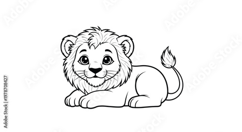 Simple black and white outline of a cute lion cub lying down for children to color as part of a safari animal series.