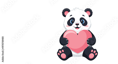 Adorable cartoon panda bear sitting and holding a large pink heart on a white background for valentine and love themed holiday designs.