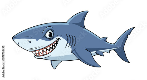 Friendly cartoon shark swimming in the ocean with a big toothy grin against a clean white background for children and aquatic design.