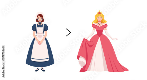 Illustration showing a narrative transformation from a humble maid in a uniform to a beautiful princess in an elegant pink gown.