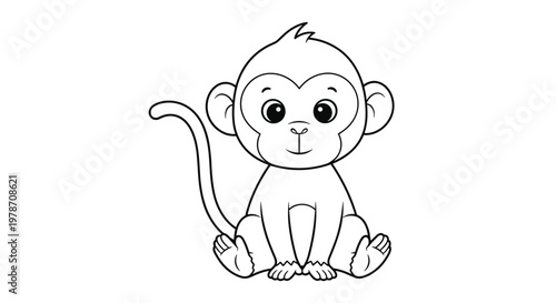 Adorable baby monkey sitting and looking forward in black and white line art style for children coloring book and activity pages.