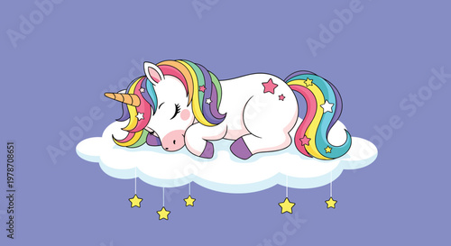 Magical white unicorn with a rainbow mane and tail sleeping peacefully on a fluffy white cloud under a starry night sky.