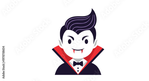 Little boy vampire character with purple hair wearing a black suit with a high red collar and a bowtie for Halloween.
