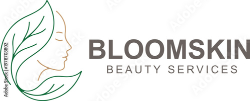 Bloomskin beauty services logo with leaf and woman profile outline