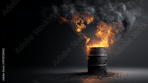 Oil barrel dissolving into black smoke forming world map concept of global crisis energy collapse and environmental impact