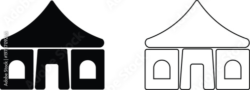 Event tent canopy pavilion icon set collection group in black red flat and line style vector illustration, camping shelter marquee gazebo awning symbol pack minimal outline design bundle