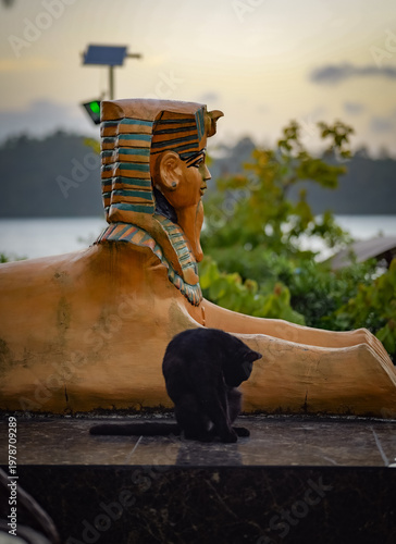Black Cat Resting Beside Egyptian Sphinx Statue Outdoor