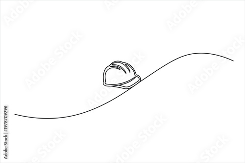 Minimalist continuous one-line drawing of a safety hard hat. Vector silhouette for construction, engineering, and Labour Day celebration concepts.
