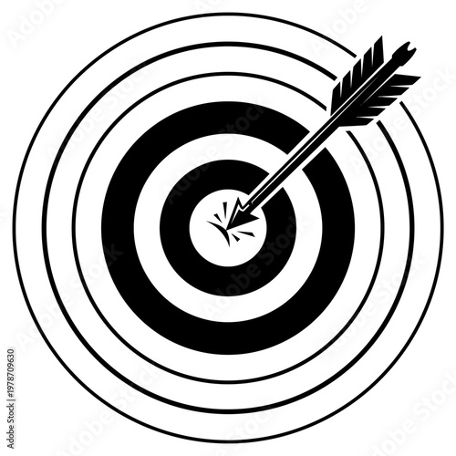 Arrow hitting bullseye on target in black and white