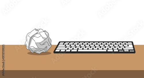 Single large crumpled paper ball sits beside a sleek black computer keyboard on a warm brown desk surface under soft natural lighting with earthy tones.