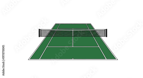 Overhead view of a green tennis court with a black net and white lines