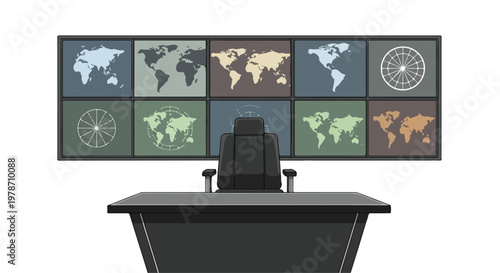 Control Room with Multiple World Maps on Screens and Desk