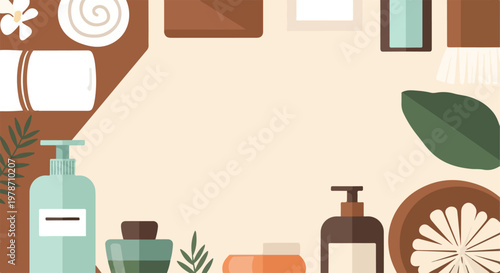 This is a flat vector illustration showing a variety of spa and beauty care products arranged as a frame on a warm, beige background.