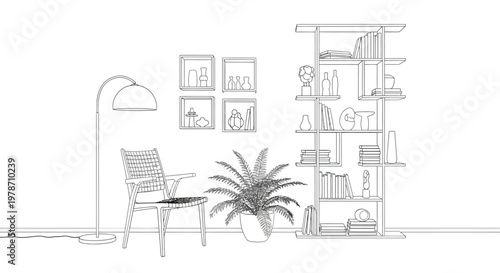 A minimalist interior scene featuring a chair floor lamp plant and a tall open bookshelf with decor