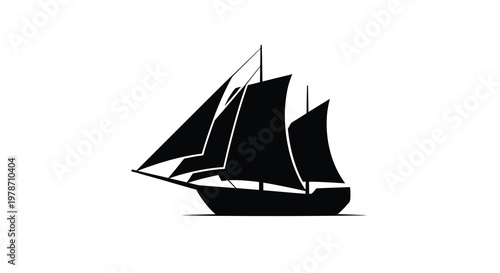 Minimalist black silhouette of a sailing ship on a white background