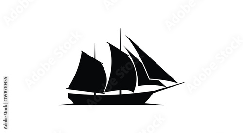 Silhouette of a sailing ship against a stark white background