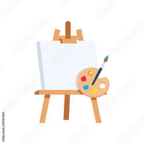 Blank white canvas on wooden easel with colorful palette and brush for artistic creation and design concepts illustrating studio workspace for fine art students and professional gallery painters.