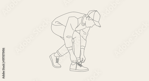 Man tying his shoelaces in a simple line drawing.