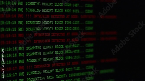 Computer monitor shows a security breach detected with green and red messages. concepts of detection of network access and cybersecurity. Footage 4K horizontal