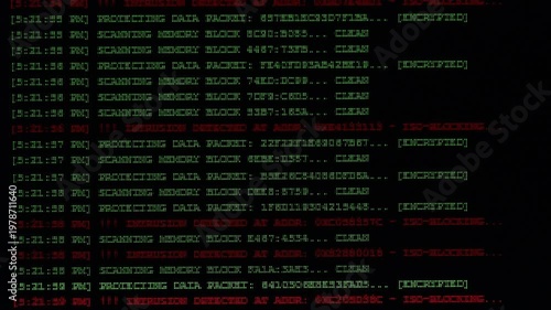Computer monitor shows a security breach detected with green and red messages. concepts of detection of network access and cybersecurity. Footage 4K horizontal