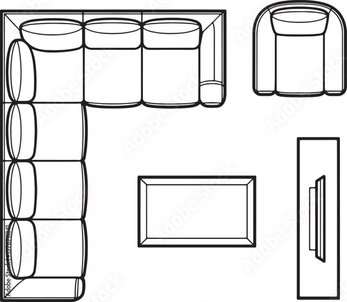 Living room floor plan vector illustration showing top view of sectional sofa coffee table armchair and television stand.