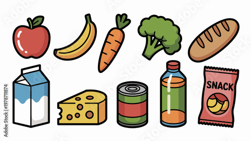 Vector illustration set of individual grocery items in cartoon style: apple, banana, carrot, broccoli, bread loaf, milk carton, cheese, canned food, juice bottle, snack pack. Focus on variety of super