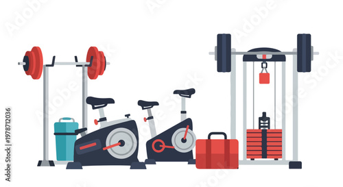 This flat vector illustration features various gym equipment including stationary bikes, a barbell rack, weights, and a gym bag.