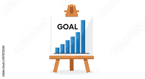 Wooden easel displays a blue bar chart labeled with the word goal on a clean white background featuring sharp lines and a professional corporate aesthetic.
